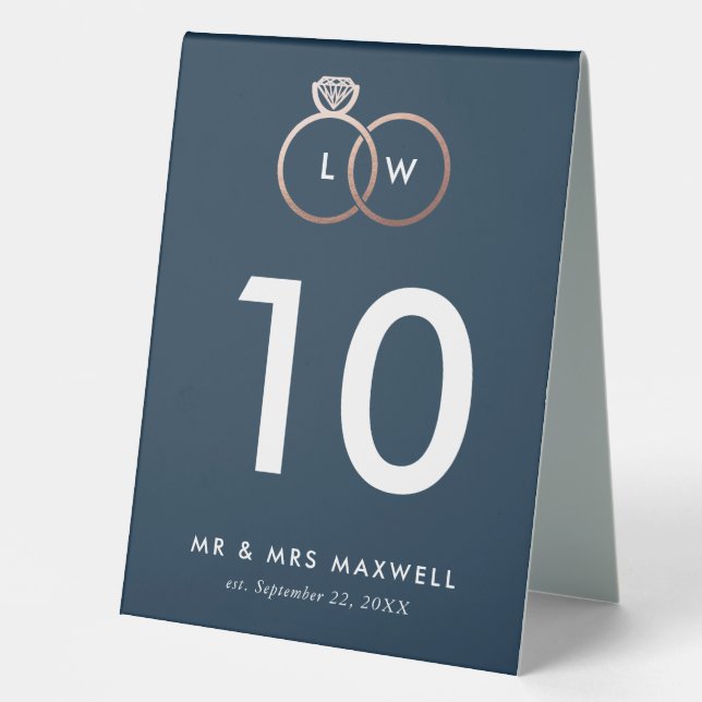 Modern Rose Gold Wedding Rings Table Number Navy Table Tent (Front)