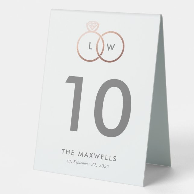 Modern Rose Gold Wedding Rings Table Number Table Tent (Front)