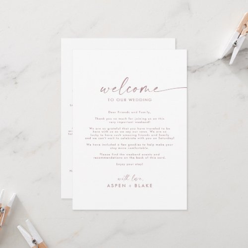 Modern Rose Gold Wedding Welcome Letter Itinerary