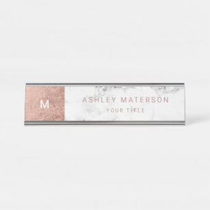 Modern rose gold white marble color block monogram desk name plate
