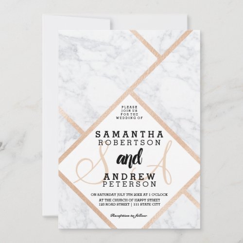 Modern rose gold white marble color block wedding invitation