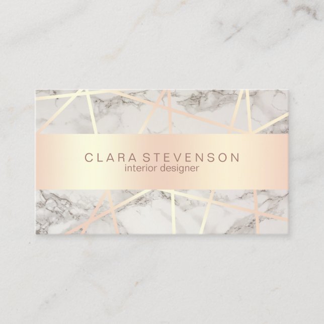 Modern rose gold & white marble interior designer business card (Front)