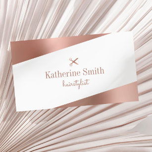 Modern rose gold & white scissors hairstylist business card