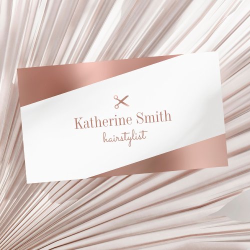 Modern rose gold  white scissors hairstylist business card