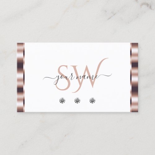 Modern Rose Gold White Sparkling Diamonds Monogram Business Card