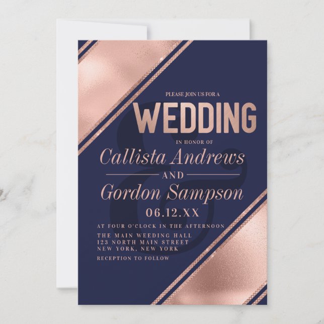 Modern Rose Gold White Stripe Corner Wedding Invitation (Front)