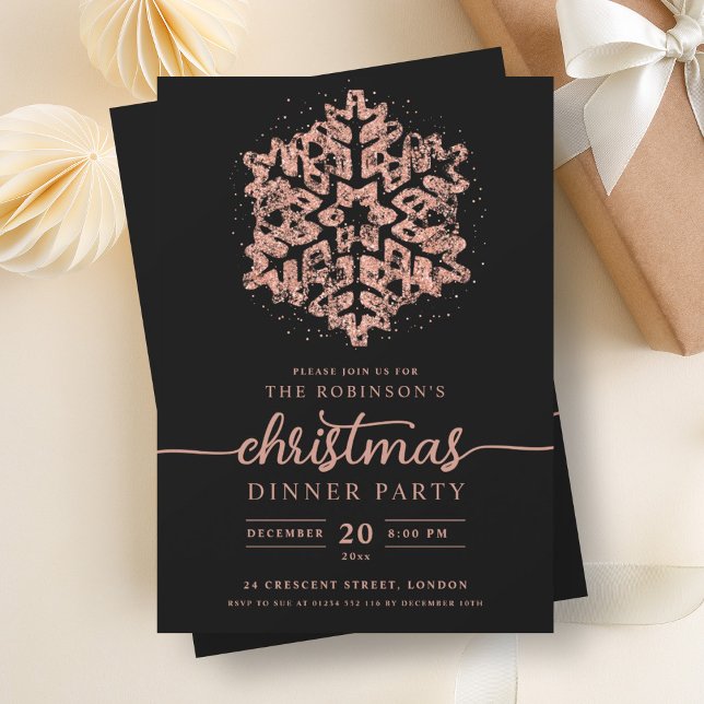 Modern Rose Gold Winter Snowflake Christmas Black Invitation (Modern Rose Gold Winter Snowflake Christmas Black Invitation)