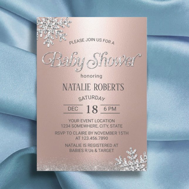 Modern Rose Gold Winter Snowflakes Baby Shower Invitation (Creator Uploaded)