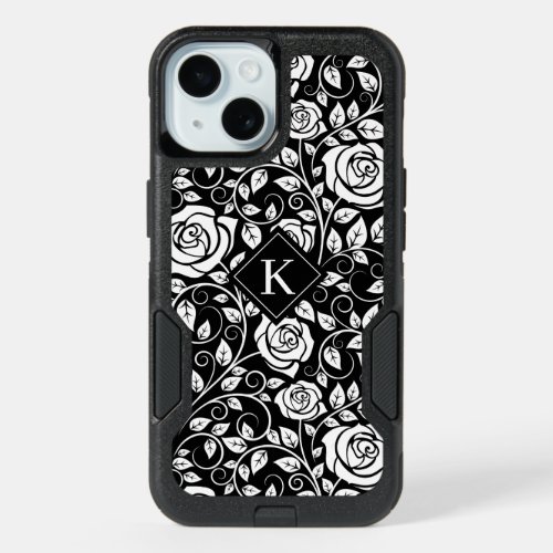 Modern Rose Pattern Monogram Initial Black White iPhone 15 Case