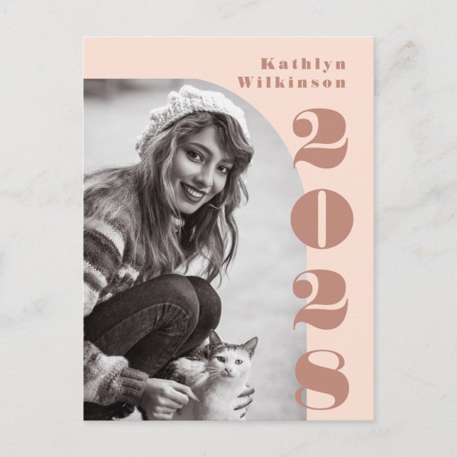 Modern Rose Pink Arch Bold Script Photo Grad Announcement Postcard (Front)