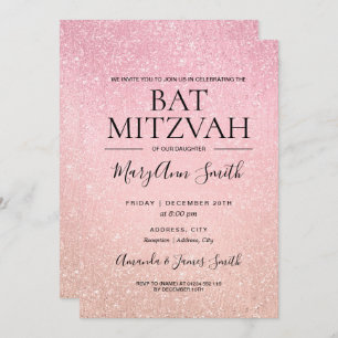 Modern Rose Pink Bat Mitzvah Faux Glitter Paint Invitation