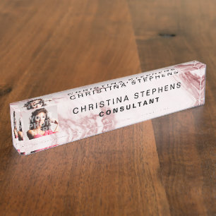 Modern Rose Pink Blush Marble Stone Pattern Photo Desk Name Plate