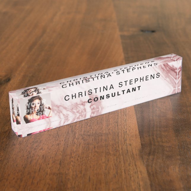 Modern Rose Pink Blush Marble Stone Pattern Photo Desk Name Plate (Side)