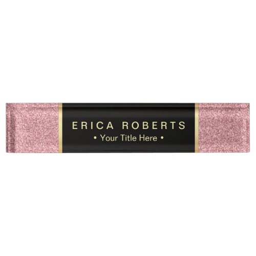 Modern Rose Pink Glitter Elegant Black Label Desk Name Plate