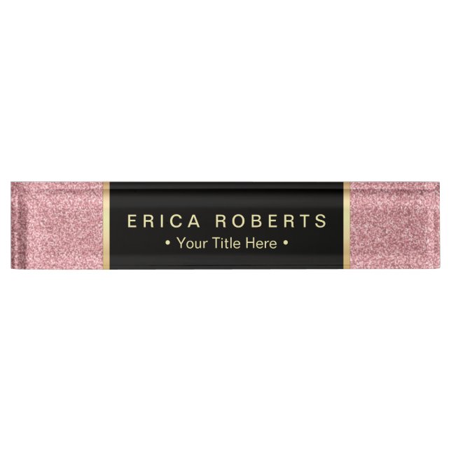 Modern Rose Pink Glitter Elegant Black Label Desk Name Plate (Front)