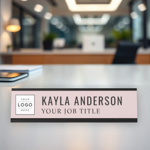 Modern Rose Pink Personalized Business Logo Desk Name Plate