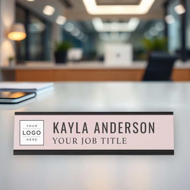 Modern Rose Pink Personalized Business Logo Desk Name Plate (Creator Uploaded)