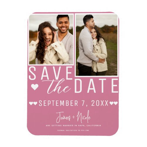 Modern Rose Pink Save the Date 2 Photo Wedding  Magnet