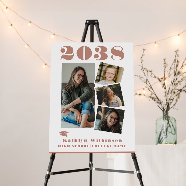 Modern Rose Pink Script 4 Photo Collage Graduation Foam Board (In Situ (Stand))