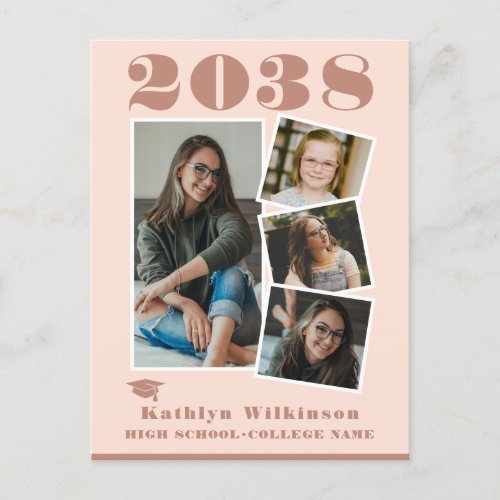 Modern Rose Pink Script 4 Photo Simple Graduation Announcement Postcard