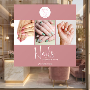 Modern Rose Pink Script Logo Photo Nail Salon Window Cling