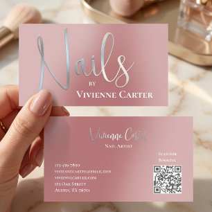Modern Rose Pink Script Nail Artist Silver Foil Business Cards
