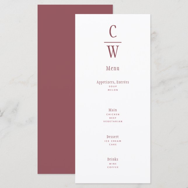 Modern Rose Pink Wedding Monogrammed Menu (Front/Back)