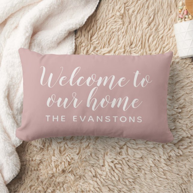 Modern Rose Pink Welcome Home Custom Last Name Lumbar Pillow (Blanket)