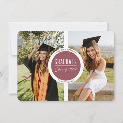 Modern Rose Red Graduate Two Photo Note Card