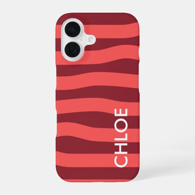 Modern Rose Red Wave Stripes Name iPhone Case (Back)