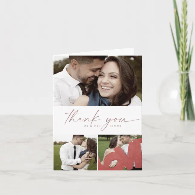 Modern Rose Script 3 Photo Collage Folded Wedding Thank You Card | Zazzle