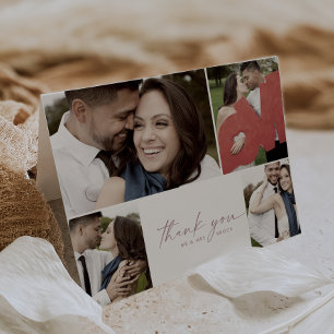 Modern Rose Script 4 Photo Collage Folded Wedding Thank You Card