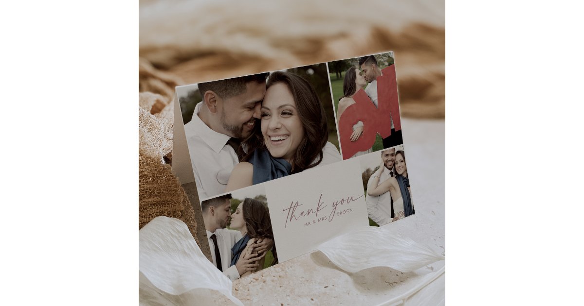 Modern Rose Script 4 Photo Collage Folded Wedding Thank You Card | Zazzle