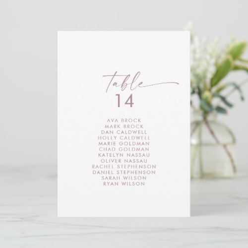 Modern Rose Script Table Number Seating Chart Card