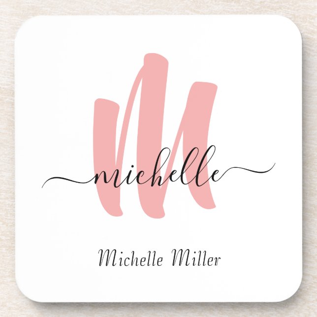modern rose white monogram initial business name beverage coaster (Front)