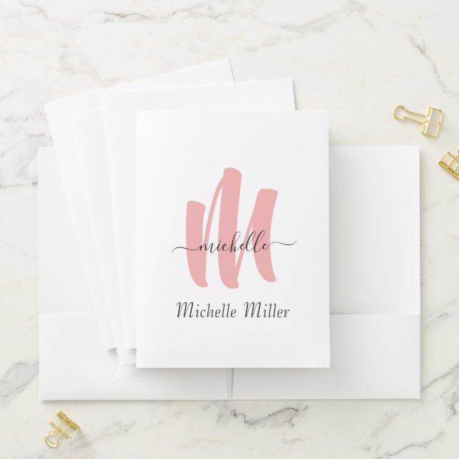 modern rose white monogram initial business name pocket folder (In Situ)