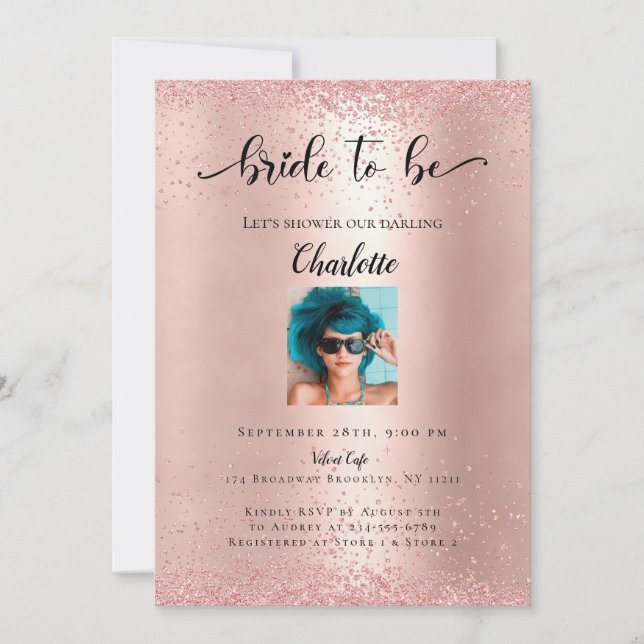 Modern, Rosegold Glitzer "Bride To Be" Photo Invitation (Front)