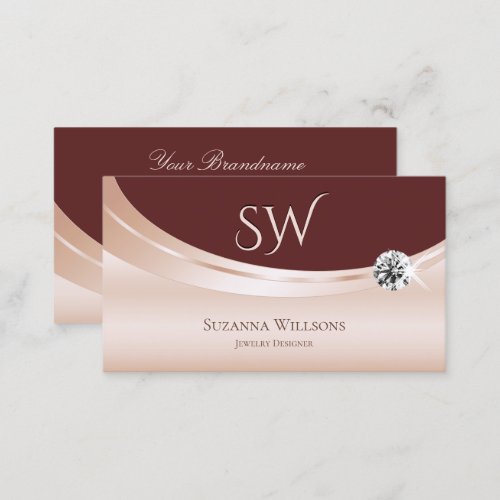 Modern Rosegold Wine Red with Monogram and Diamond Business Card