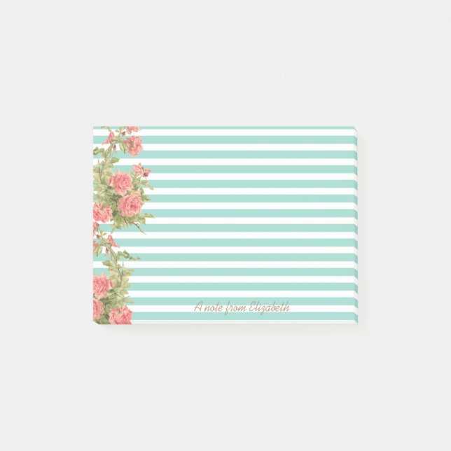 Modern, Roses on Stripes-Personalized Post-it Notes (Front)