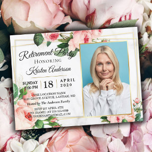 Modern Rosy Blush Floral Photo Retirement Party Invitation