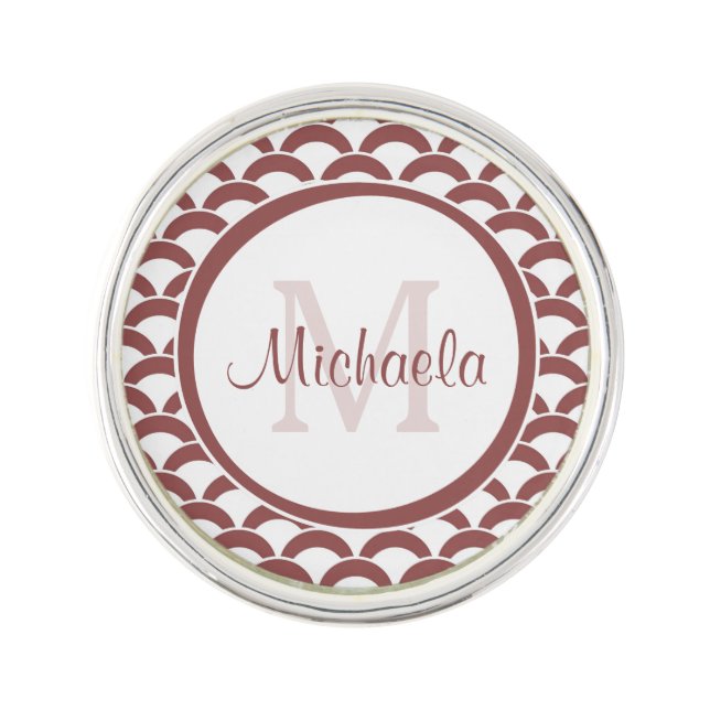 Modern Rosy Brown Scallops Monogram and Name Lapel Pin (Front)