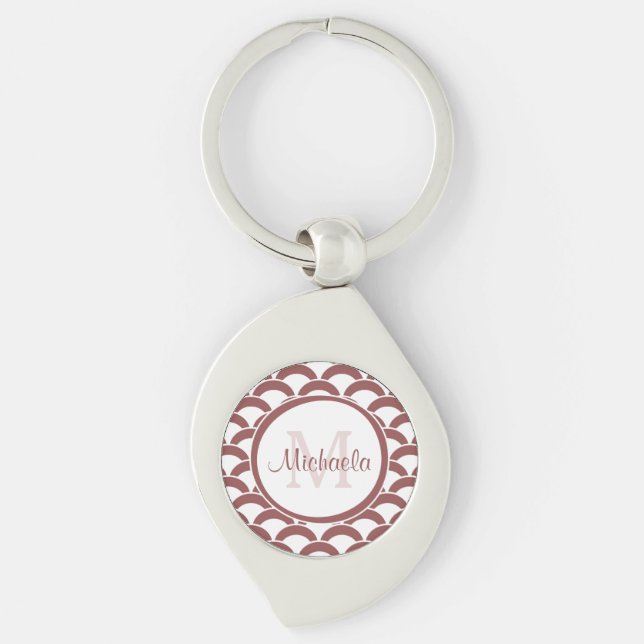 Modern Rosy Brown White Scallops Monogram and Name Keychain (Front)