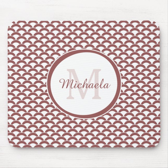 Modern Rosy Brown White Scallops Monogram and Name Mouse Pad (Front)