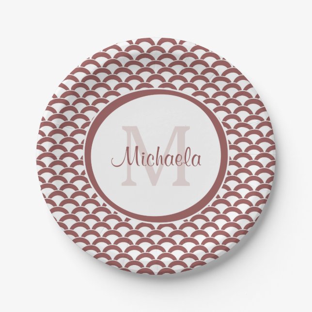 Modern Rosy Brown White Scallops Monogram and Name Paper Plates (Front)