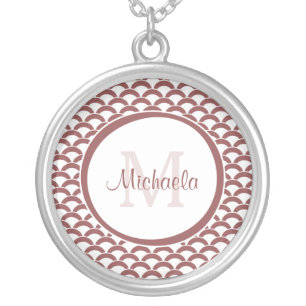 Modern Rosy Brown White Scallops Monogram and Name Silver Plated Necklace