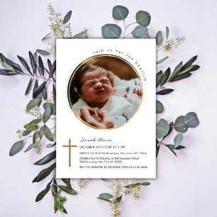 Modern Round Circle Photo Gold Cross Baptism Invitation