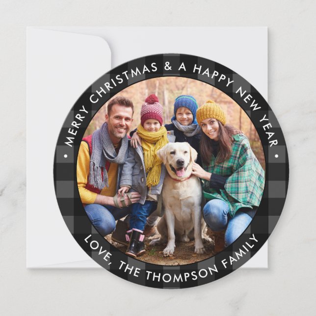 Modern Round Custom Photo Black Gray Buffalo Plaid Holiday Card (Front)