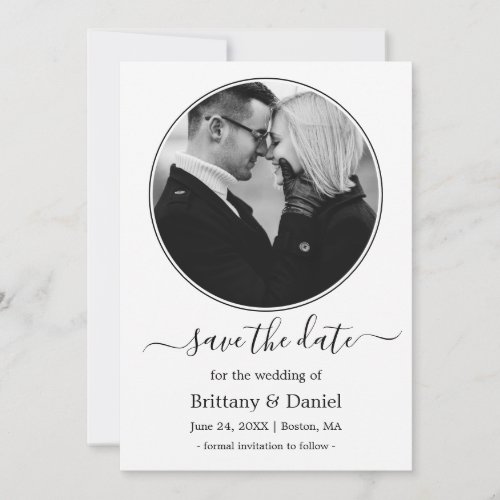 Modern Round Frame Black and White Photo Save The Date