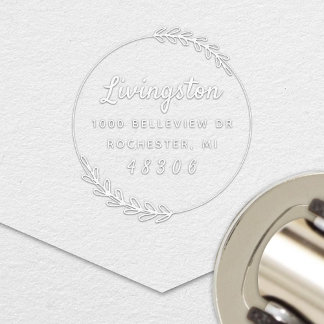 Modern Round Laurel Leaf Custom Last Name Address Embosser