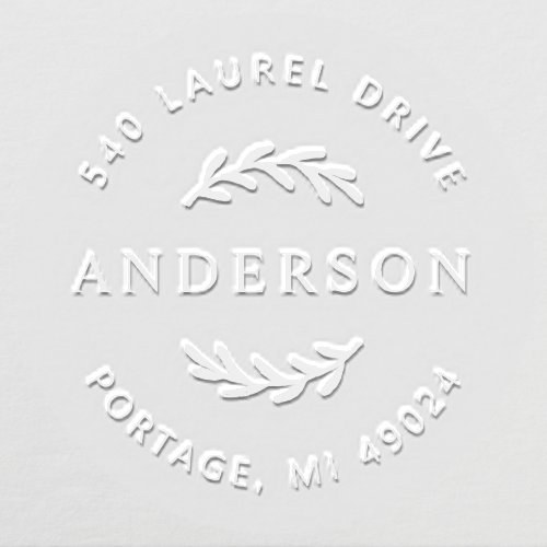 Modern Round Laurel Leaves Custom Family Address Embosser